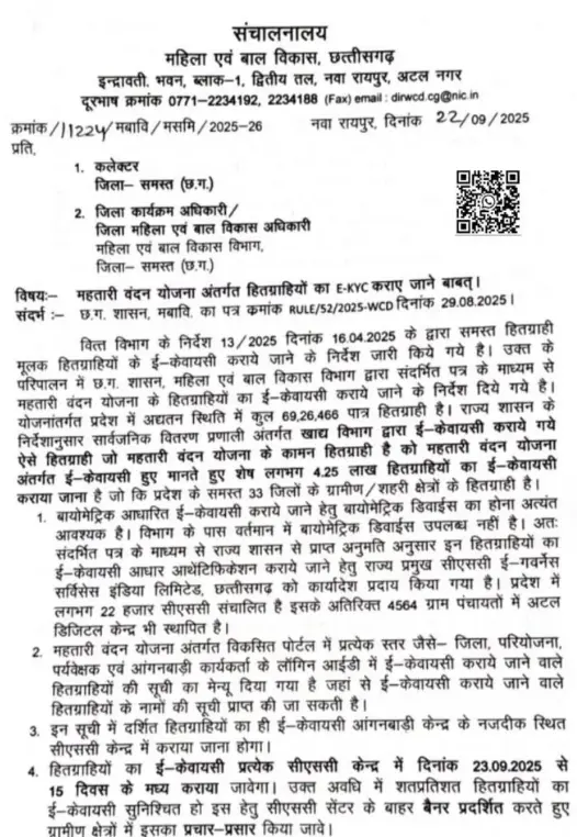 cg mahtari yojana ekyc kaise kare notification